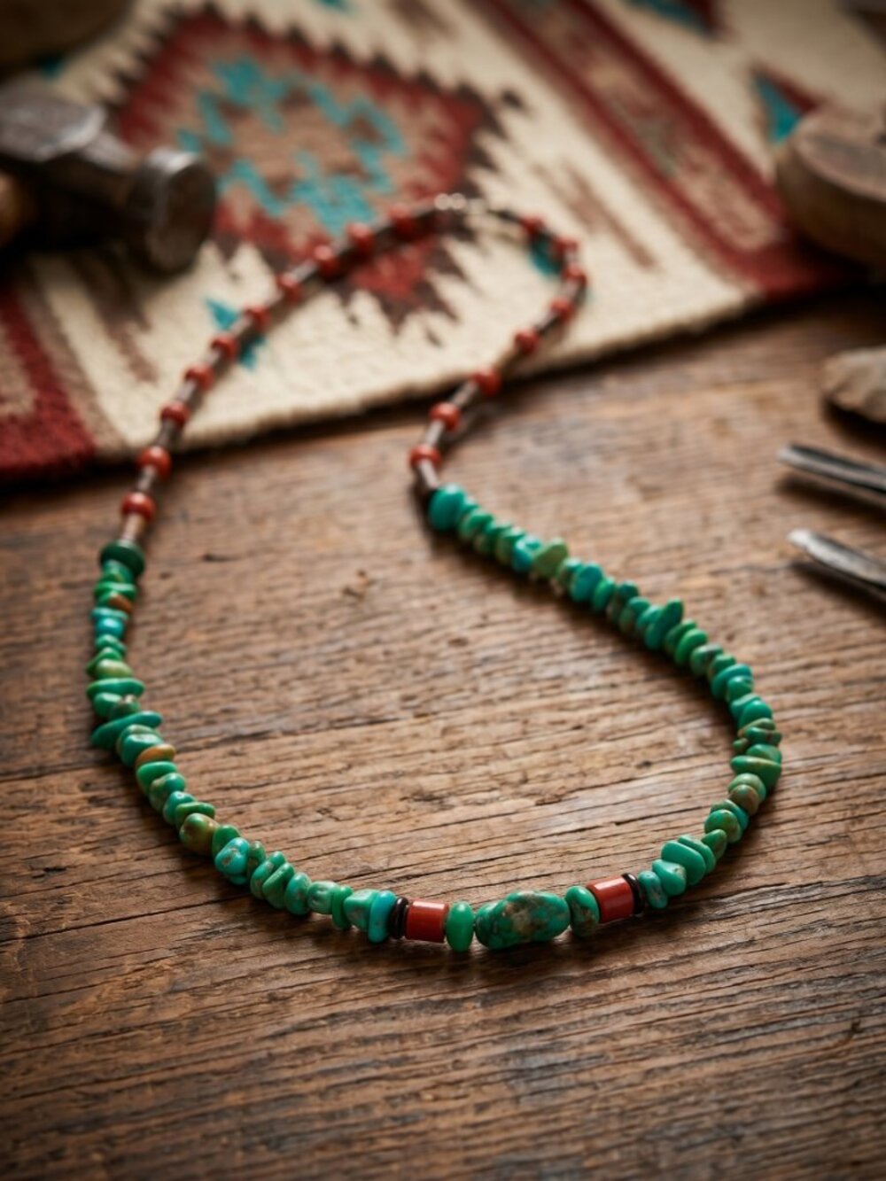 Genuine Southwestern Native American Turquoise & Red Coral Bead Necklace - Picture 9 of 14